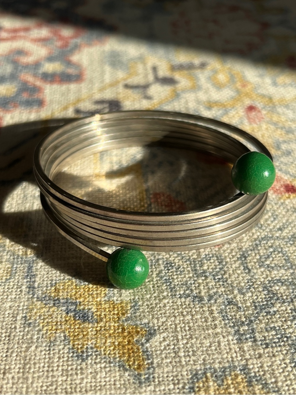 Vintage Silver Tone Stacked Bangle Cuff Bracelet Jade Green Bead Ends Wrap